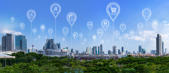 Panorama view of smart city and wireless communication network, internet of things, Networks and augmented reality concept