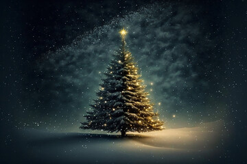 Christmas and happy new year with a beautiful Christmas tree with stars and a snow banner. Generative AI