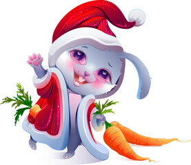 Wall Mural - Christmas santa bunny with carrot in his pocket doing hello. Hare symbol of 2023 Chinese calendar