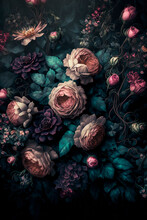 Roses On A Black Background. Abstract Floral Design For Prints, Postcards Or Wallpaper. AI
