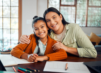 Poster - Mother, child and portrait with education and home school, academic learning with teaching and mom help kid with homework. Happy, scholarship and study together with woman and girl hug at family home