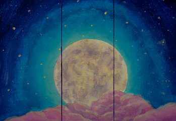 Fantasy art painting big planet moon and pink clouds on blue background poster for fairytale book