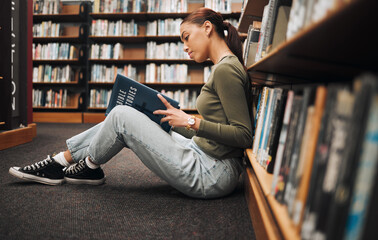 Aufkleber - Book, reading and library student on floor with learning, education and research for school, university or college with inspiration. Bookshelf, Bible study history and a woman on ground reading book