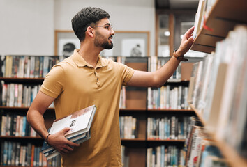 Poster - Student man, search bookshelf and library for reading, information and knowledge at university. College student, research and studying for education, college and learning for scholarship in Marseille