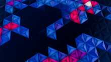 Illuminated, Blue And Pink Geometric Surface With Triangular Pyramids. Futuristic, Colorful 3d Banner.