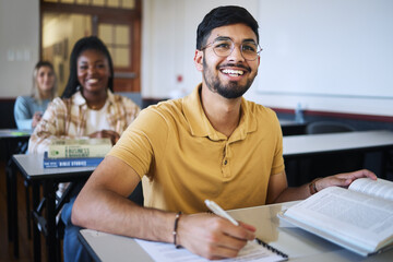 Poster - Study, classroom and students with education, learning and knowledge for exam, test and assessment in language writing. Books, notebook and happy university student with smile for diversity in class