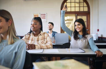Wall Mural - question, education and learning with a student woman in a university or college class during a less