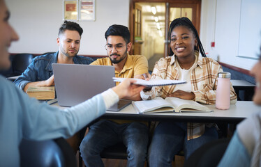 University, students and group project with teamwork sharing paper, documents and information for research homework. College, student diversity and friends working together for marketing presentation