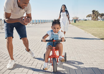 Sticker - Bike, learning and child with family at beach or city park for growth development, support and motivation of mother and father. Cycling girl on bicycle and african parents travel, summer and teaching