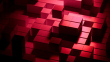 Contemporary Tech Background With Perfectly Aligned Glossy Cubes. Hot Pink And Red, 3D Render.