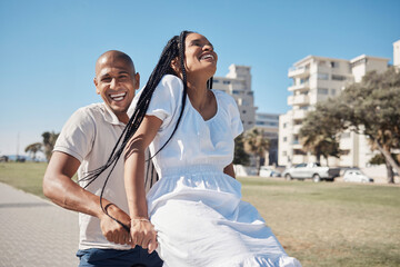 Canvas Print - Date, bike and summer with a black couple having fun together in a park by the promenade during vacation. Cycling, laughing and comic with a man and woman tourist enjoying travel on holiday