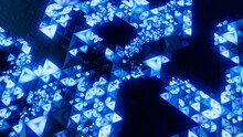 Neon Modern Surface With Tetrahedrons. Illuminated, Blue Abstract 3d Wallpaper.