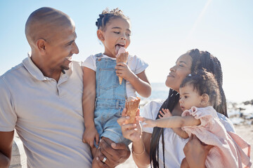 black family, beach and ice cream with children and parents on sand by the sea or ocean during summe