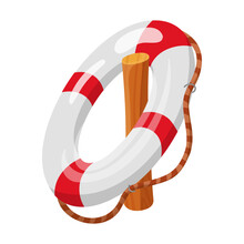 Life Buoy Hangs On A Wooden Pier Cartoon Illustration. Boardwalk Or Wharf For Fishing. Summer Beach Concept