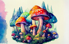 Fantasy Fairytale Forest With Colorful Giant Mushrooms, Generative Ai Illustration In Watercolor Style