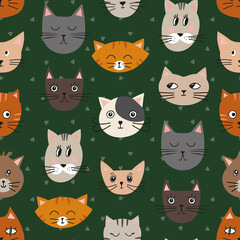 Naklejka na meble Cute cat  faces seamless pattern,  Childish cartoon cats print, Trendy feline  flat design, Pet repeat wallpaper,  Cat illustration background