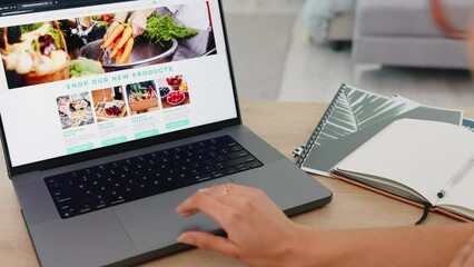 food blog, laptop and blogger with website, woman hand scroll online with content research or post i