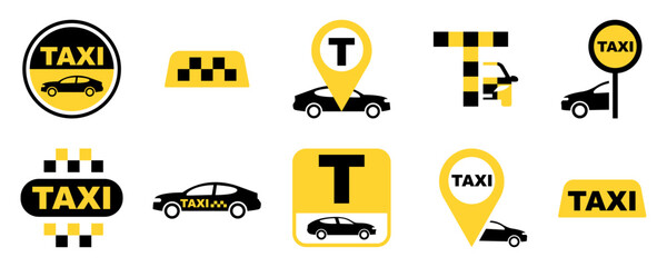 Set of taxi service vector signs. Yellow-black taxi icon. Vector 10 Eps.