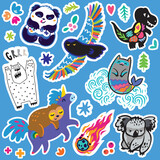 Fototapeta  - Lovely collection of blue stickers. Fantasy cartoon animals and creatures vector illustration
