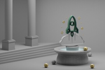 Poster - Beautiful abstract illustrations Rocket Launch and start symbol icon on a fountain and column background. 3d rendering illustration. Background pattern for design. Space exploration.