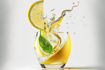 Poster - Lemon slice pouring into a gintonic beverage on a white background. Generative AI