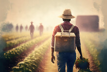 Male Field Worker At Strawberry Farm Wearing Straw Hat And Carrying Box For Picking, Strolling In Morning Haze With Other Employees. Generative AI