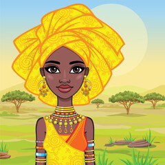 Wall Mural - Animation portrait of the attractive African girl in a turban. Bright ethnic clothes. Background - a landscape of the African savanna. Vector illustration.