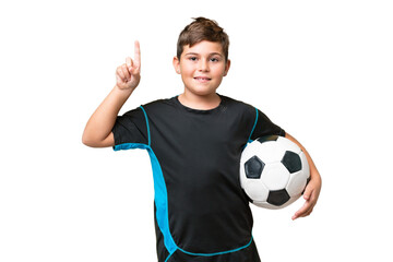 Wall Mural - Little caucasian football player kid over isolated chroma key background pointing up a great idea