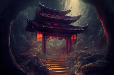 Wall Mural - fantasy scene asian temple, game design inspiration. sketch art for artist creativity and inspiration. generative AI