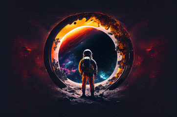 Wall Mural - Astronaut on the background of a black hole, the gates of the portal to other worlds. sketch art for artist creativity and inspiration. generative AI