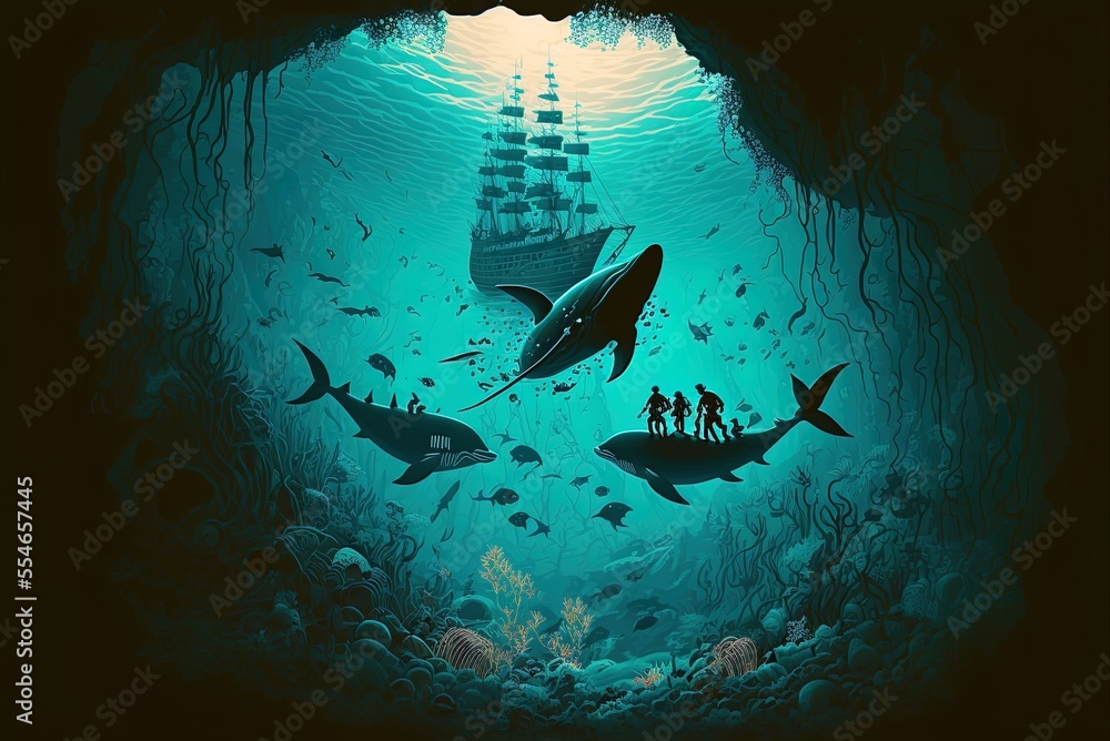 A sunken sailing ship and divers inhabit an underwater scene ...