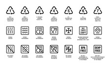 Plastic Kitchenware Indication Icons. Plastic Recycling And Cookware Safety Symbols. Food Safe, Freezer, Oven, Microwave, Dishwasher, BPA-Free, DEHP-Free Pictograms