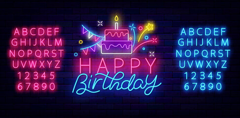 Wall Mural - Happy Birthday neon greeting card. Cake, garland and firework. Shiny blue and pink alphabet. Vector stock illustration