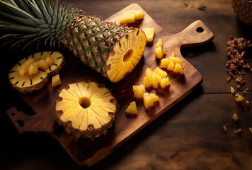 Wall Mural - pineapples, whole and chopped, flattened on a wooden table. Generative AI