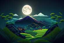 Asian Mountain Panorama At Night With Paddy Plantation Cascades And A Full Moon, As Well As A Chinese Agricultural Farm, And Shimmering Fireflies. Illustration Of A Cartoon. Generative AI