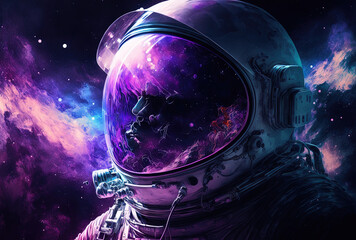 Wall Mural - astronaut in space with stars, nebulas, and galaxies in space reflected in his helmet's purple, blue