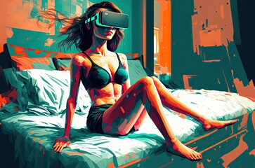 Wall Mural - illustration of beautiful sexy bikini woman wearing VR, idea for future normal life community connection