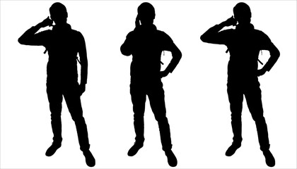 A guy with a backpack behind his back stands, put his hand to his ear, talks, and shows gestures. Front view, full face. Three black silhouettes are isolated on white. Men are tourists. Hiking tourist