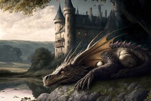 A Dragon Sleeps Beside The Castle In This Illustration. Generative AI