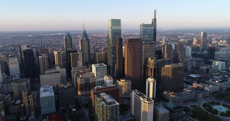 Poster - Philadelphia Pennsylvania Cityscape and Beautiful Sunset Light in Background. Business District with Skyscrapers Fast View