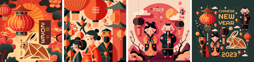 2023 year of the rabbit. Chinese New Year. Vector illustrations of hare, chinese family, chinese lantern and objects for card, poster or background