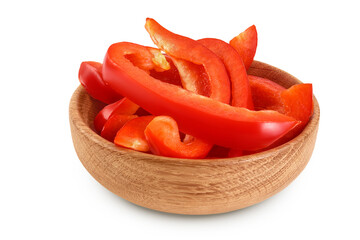 Wall Mural - slices of red sweet bell pepper in wooden bowl isolated on white background with full depth of field