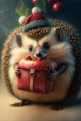 the whole figure of a cute little hedgehog in a Santa hat.