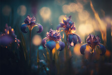 Purple Flowers In The Spring Morning With Dreamy Bokeh Background. Nature Concept, Copy Space. Bearded Irises Flowers. For Wallpaper Or Greeting Card