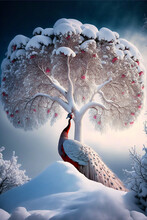 Peacock  And Snow, Magic Scenery Wintertime. Generative Ai