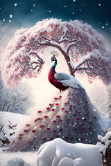 Wall Mural - Peacock  and snow, magic scenery wintertime. Generative Ai