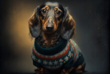 Portrait Of A Dachshund Wearing A Sweater, Generative AI 