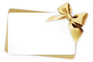 Wall Mural - gift greeting card with golden bright ribbon bow Isolated on transparent background, top view, copy space for label price ticket, Christmas, mother or father and valentine day, or shopping template