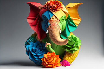 Origami of Indian God Ganesh in colorful flowers craft. Generative AI