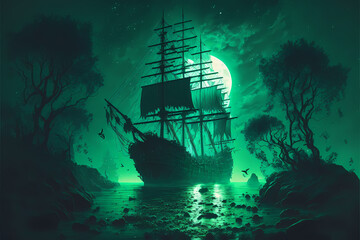 undead pirate ship in the sea ocean, black white green background, at night, storm water waves, digital illustration ai art style